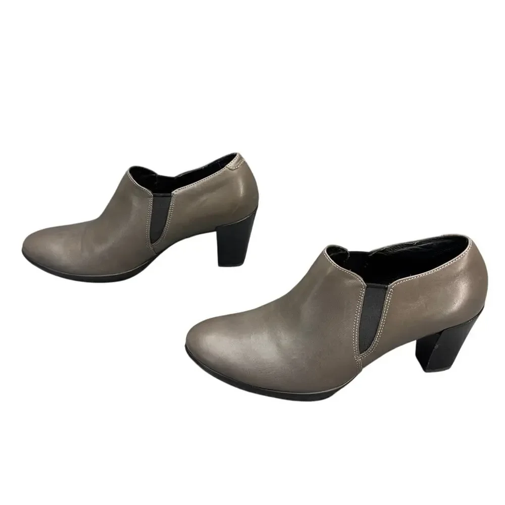 Ecco Shape 55 Taupe Leather Plateau Stack Heel Slip On Ankle Bootie Women 38/7.5